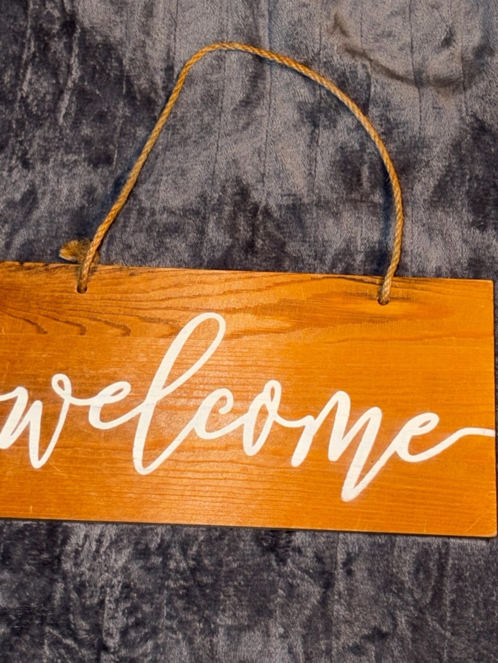 Welcome Wooden Hanging Sign - White Script on Orange Wood